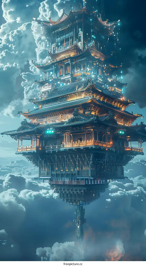 futuristic oriental palace floating in the sky