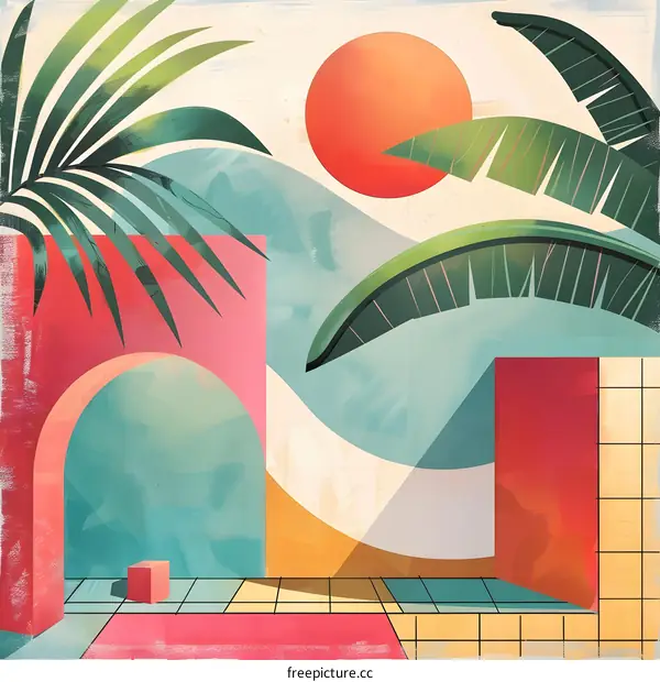 Abstract Tropical Illustration with Geometric Shapes and Palm Leaves