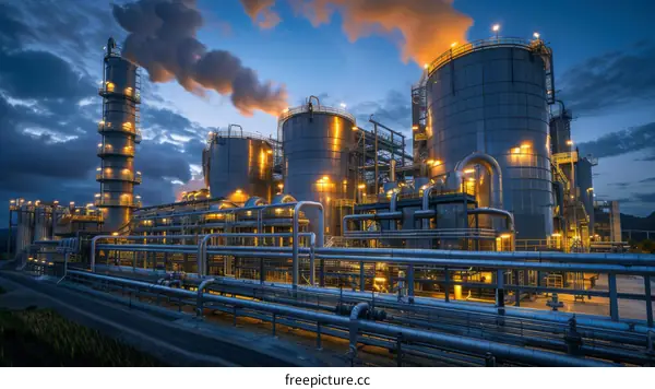 Gas and Oil Processing Plant at Night with Distillation Tower and Pipelines