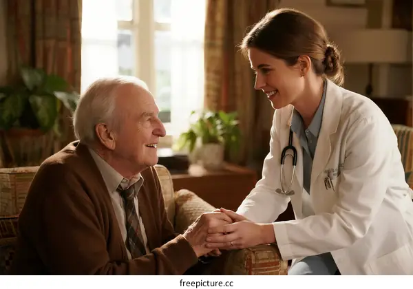 Female Doctor Holding Hands with Elderly Male Patient