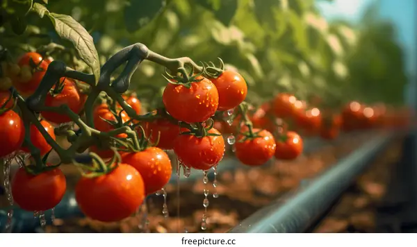 Close-up of ripe tomatoes growing in a greenhouse