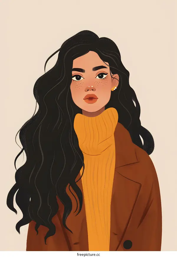 Woman with Long Black Hair and Brown Coat