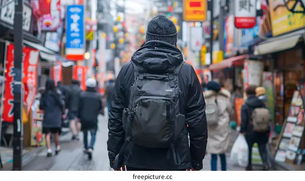 Man with Backpack Walking in a Crowded Street in Tokyo Japan