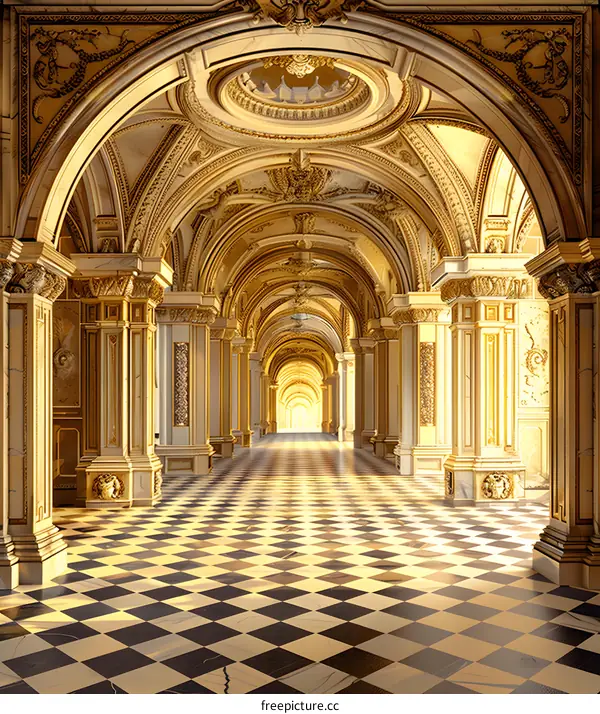Golden Hallway With Checkered Floor In Palace