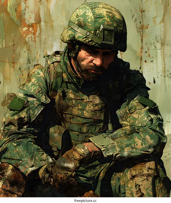 A soldier wearing a helmet and camouflage uniform is sitting on the ground.