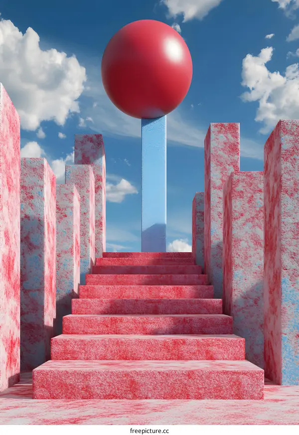 Abstract 3D Render of Pink and Blue Stairs with a Red Sphere at the Top