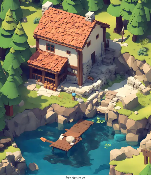 Low Poly House With Dock And River