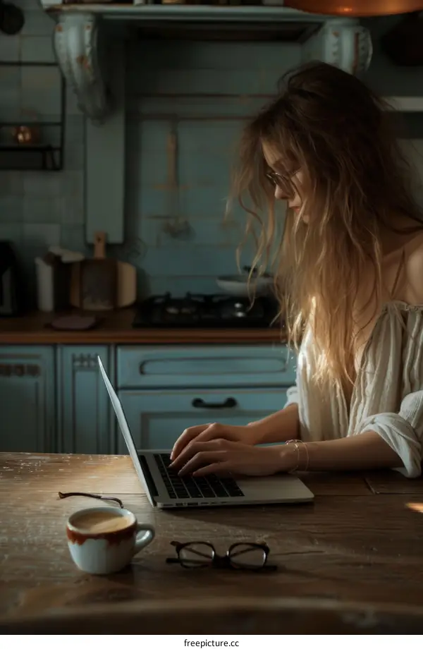 Young woman working on laptop in the kitchen
