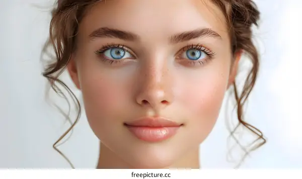 portrait of a beautiful young woman with blue eyes and freckles