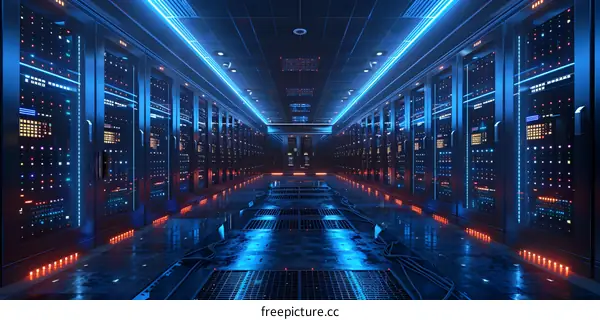 Futuristic Sci-Fi Server Room With Glowing Blue Lights