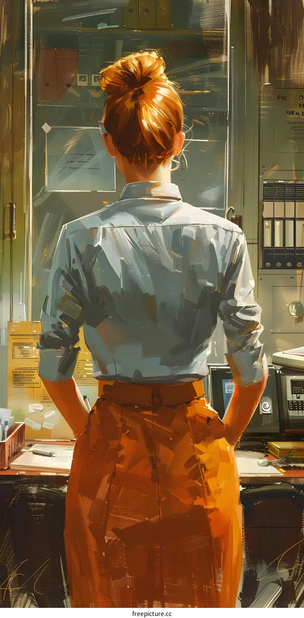 A woman standing with her back to the camera in front of a control panel