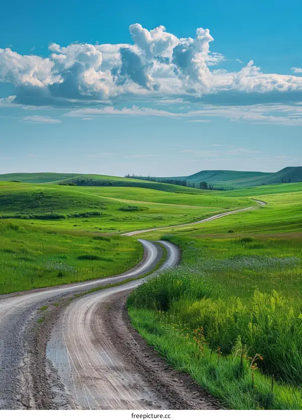 Winding road through a lush green field