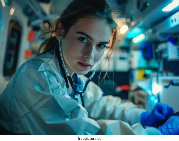 A female paramedic is treating a patient in the back of an ambulance.