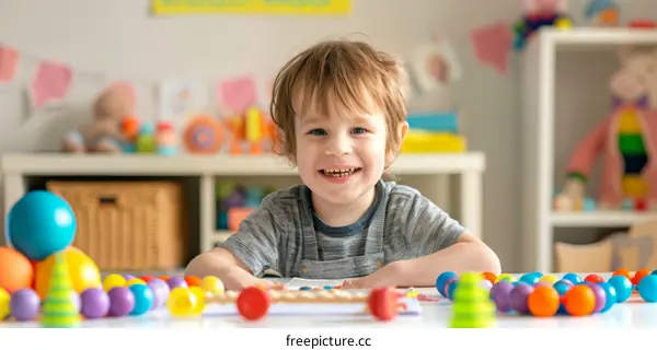 Smiling toddler boy playing with colorful toys in a playroom