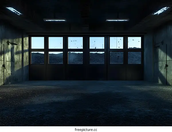Dark Garage Interior with Large Glass Doors and a View of the Outside World