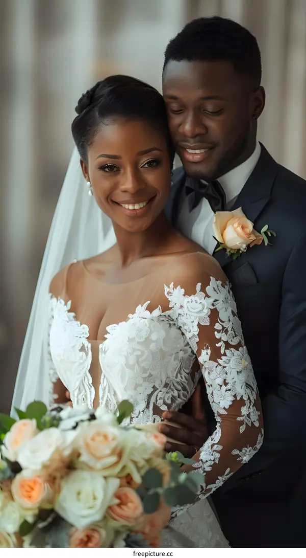 A wedding photo of an African-American couple