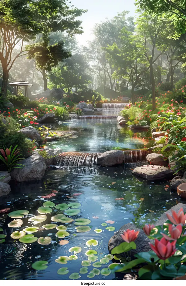 A Serene Garden Oasis with Pond, Flowers, and Trees