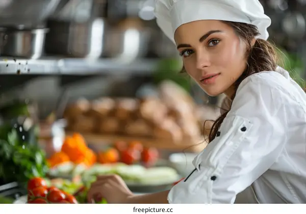 Young Female Chef Preparing Food in Kitchen