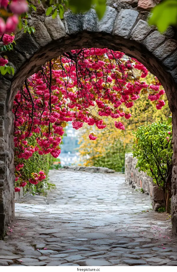 Stone Archway Covered in Pink Flowers