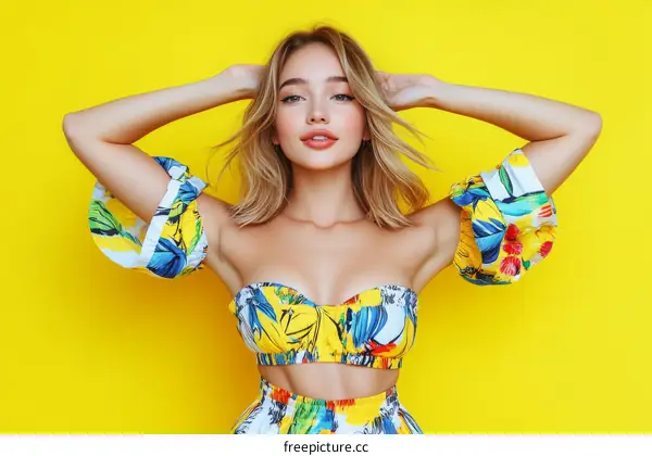 Stylish Woman in a Floral Print Outfit Against a Yellow Background