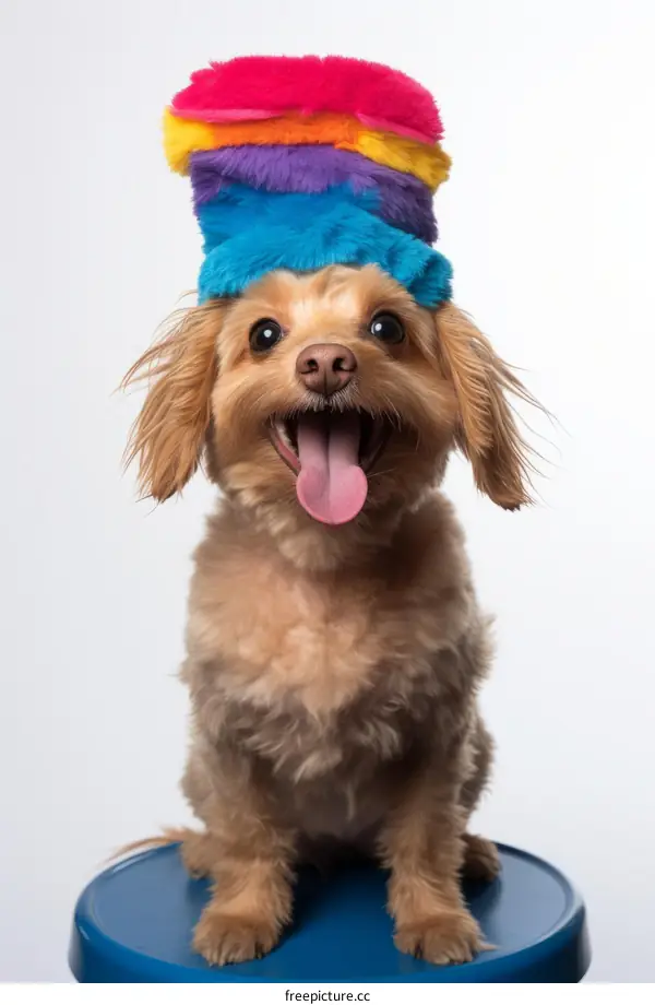 A happy dog wearing a rainbow hat is sitting on a blue stool