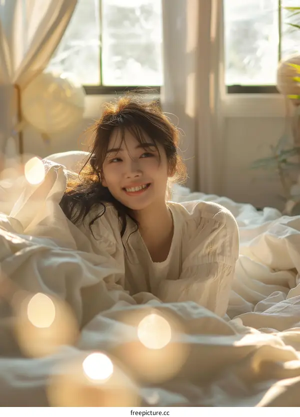 A smiling young Asian woman is lying on a bed.