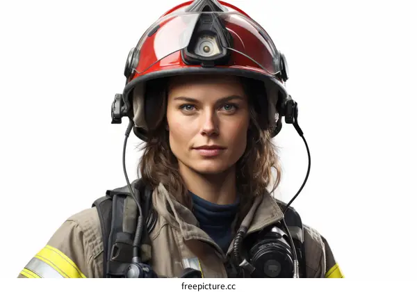 Portrait of a Female Firefighter Wearing Protective Helmet and Fire Suit