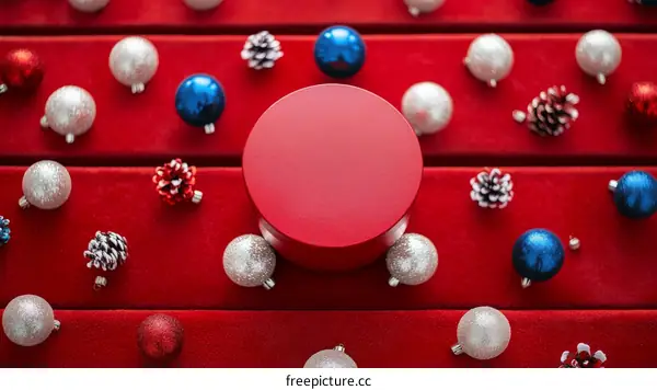 Christmas Promotion Red Display Podium with Ornaments