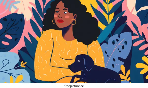 Woman with Dog in a Tropical Garden Illustration