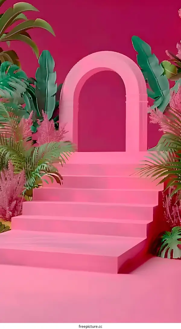 Pink Archway Stairs And Tropical Leaves Background