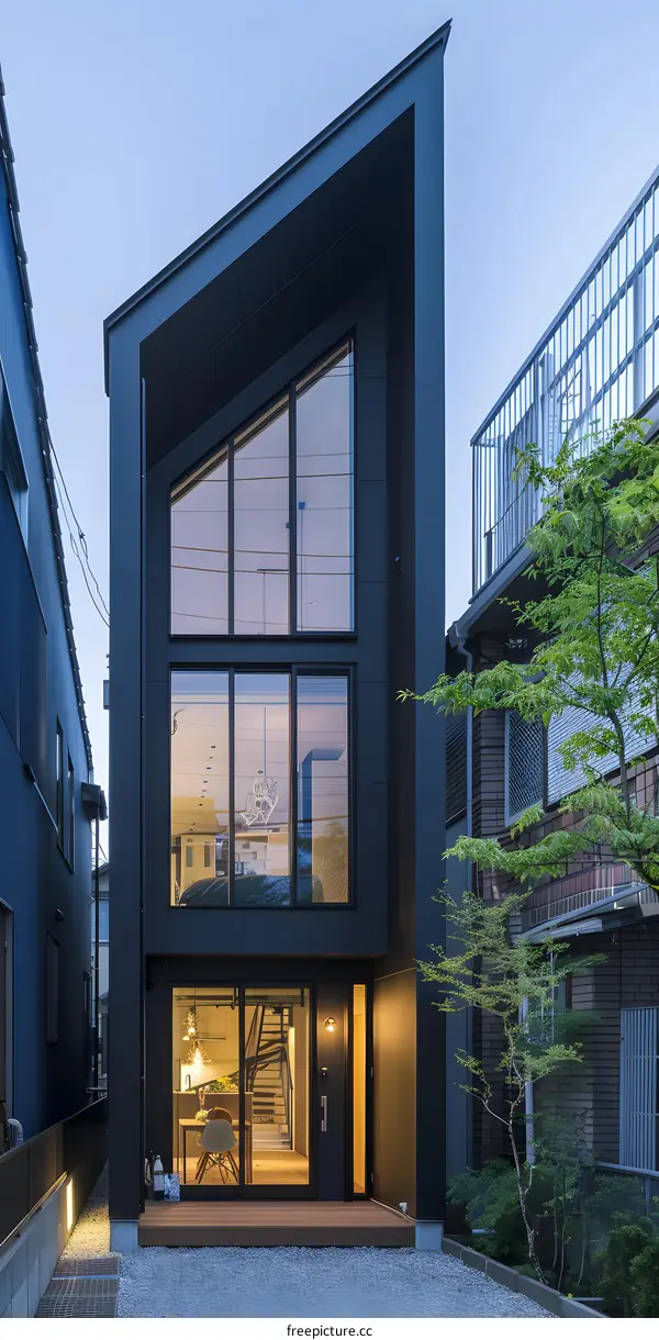 Modern Black House with Large Windows and a Wooden Deck