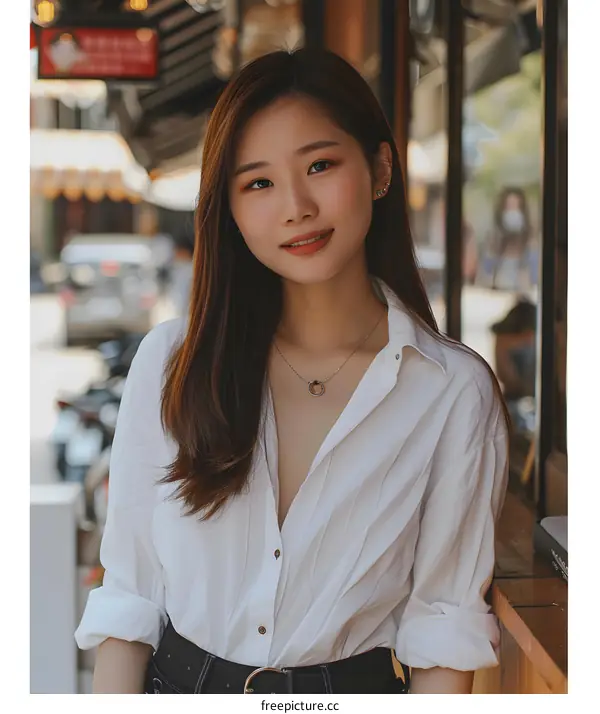 Portrait of a Young Asian Woman in a White Shirt