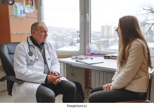 Doctor is talking to a patient in his office