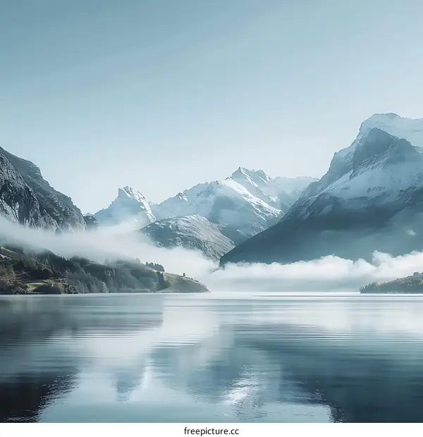 Mountain Lake Landscape With Fog And Snow Capped Peaks