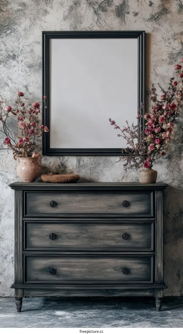 Empty Frame and Vintage Wooden Chest in a Room