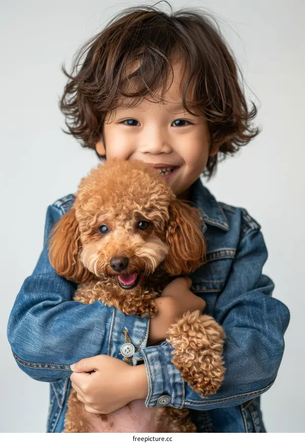 Asian boy hugging a brown toy poodle
