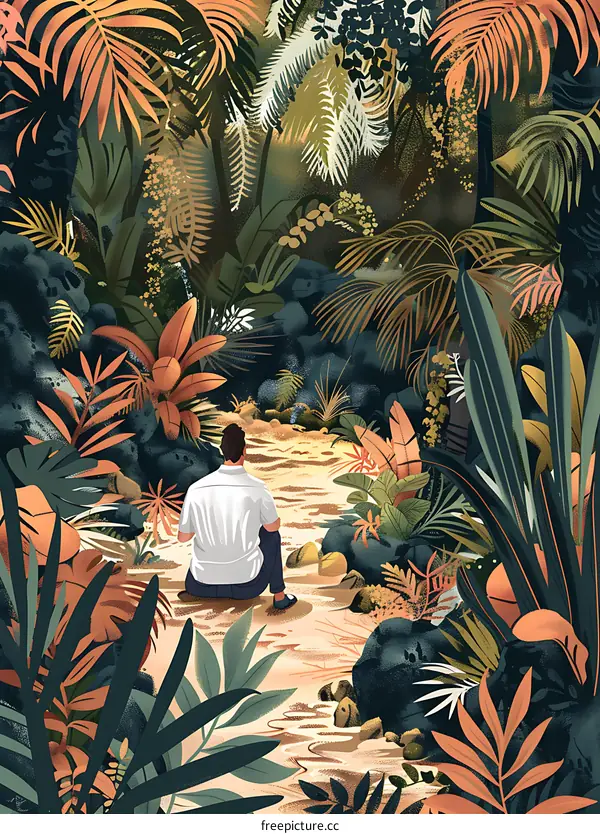 Man Sitting in a Lush Tropical Forest
