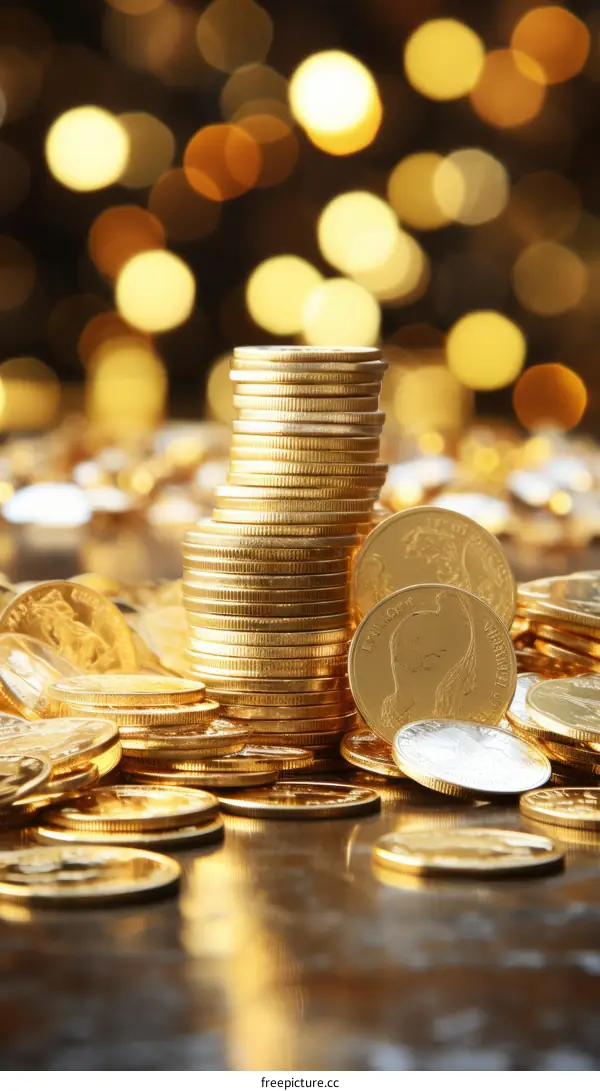 Stack of gold coins with blurred lights