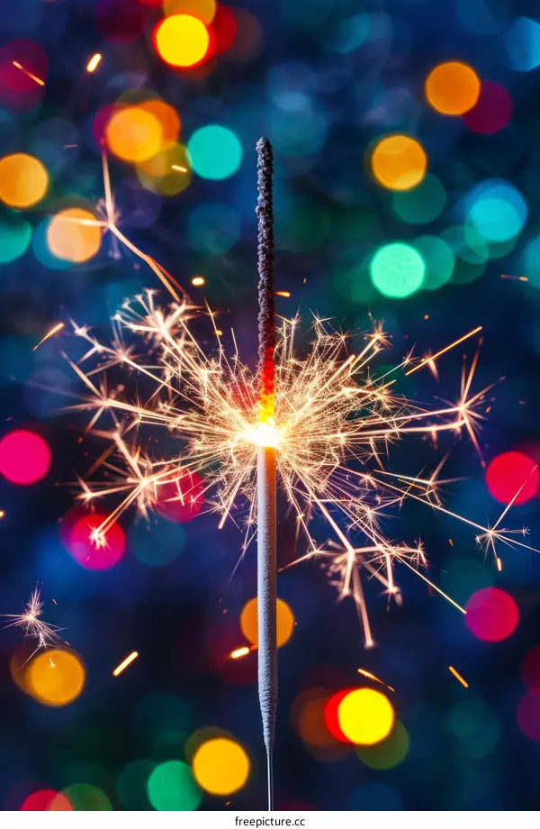 Burning sparkler against blurred colorful background