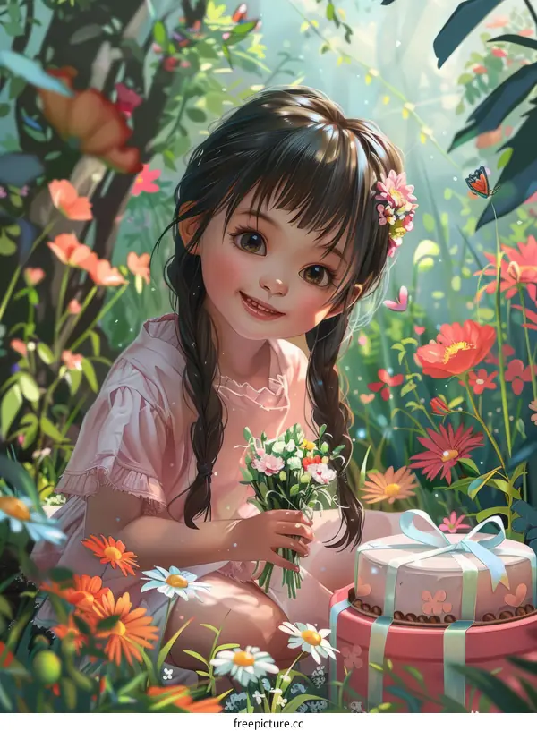 Little Girl with Flowers and Cake in a Flower Field