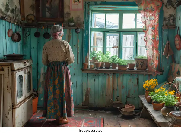 An old woman standing in a rustic kitchen