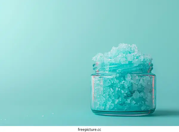 Homemade Turquoise Sugar Scrub in a Glass Jar on a Blue Background