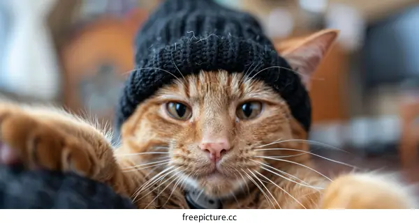 ginger cat wearing a black beanie