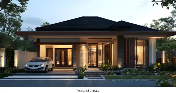 Modern Minimalist House with Black Roof and Car