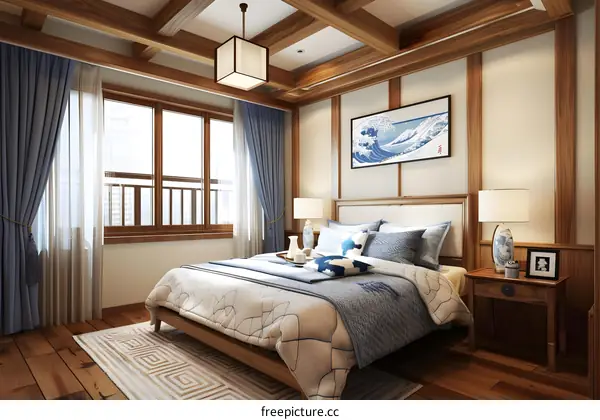 Japanese Style Bedroom Interior Design with Wooden Beams and a Wave Painting