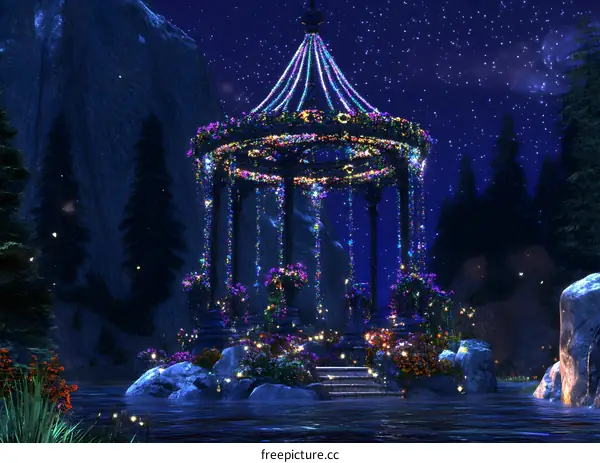 Fantasy Night Garden With Illuminated Gazebo