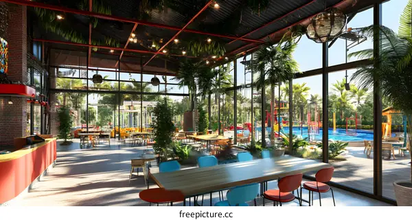 Modern Restaurant Interior Design With Outdoor Pool View