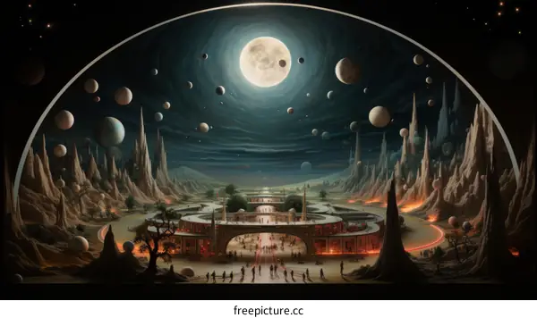 City on a Distant Planet with a Large Moon