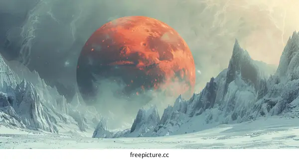 Huge Red Moon Rising Over a Snowy Mountain Range