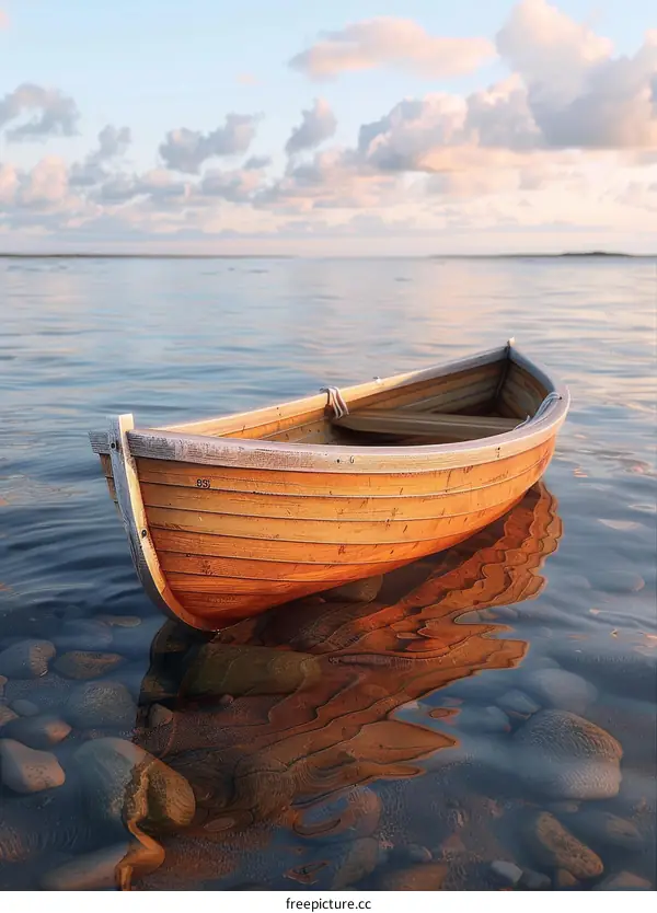 Wooden boat on calm water with rocky shore and cloudy sky
